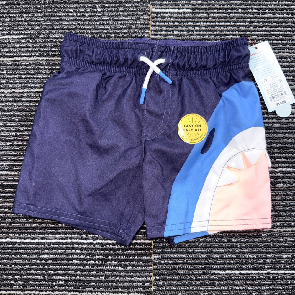 Cat & Jack Shark Swim Trunks Toddler Boys 2T Navy Blue NEW UPF 50+ Mesh Liner